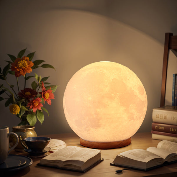 LED Moon Shape Wooden base Round Table Light Desk Lamp