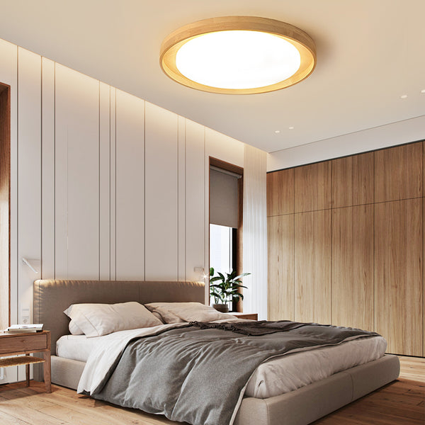 Scandinavian Round Dimmable LED Wooden Flush Ceiling Light