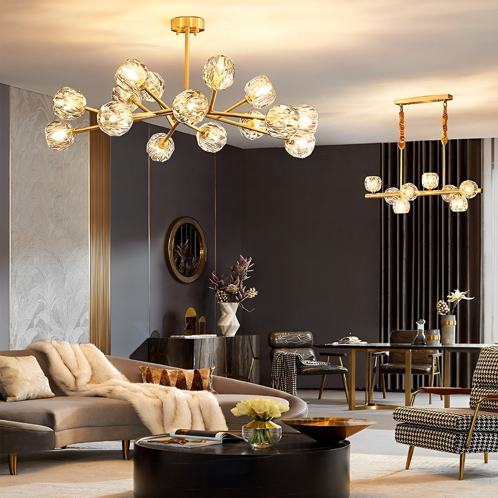 Brass Gold Sputnik Chandelier With Crystal Glass Shade in the Living Room