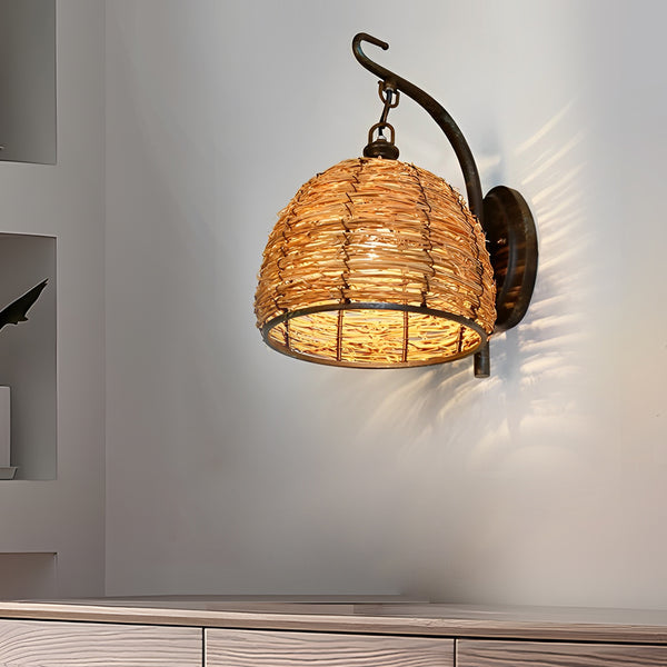 Handwoven Wicker and Iron Vintage Countryside Wall Light